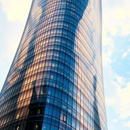 A towering skyscraper with a curved, organic design, its glass facade beautifully reflecting the vibrant colors of the city skyline