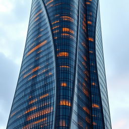 A towering skyscraper with a curved, organic design, its glass facade beautifully reflecting the vibrant colors of the city skyline