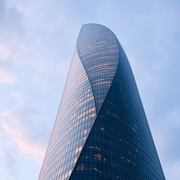 A towering skyscraper with a curved, organic design, its glass facade beautifully reflecting the vibrant colors of the city skyline