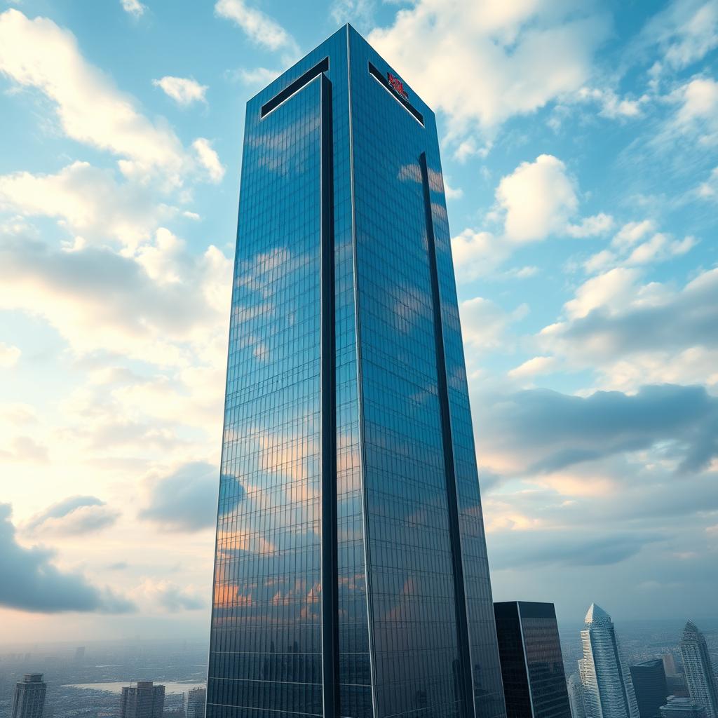 A futuristic skyscraper with a shimmering facade of blue-tinted glass, majestically standing tall against a dreamy backdrop of clouds