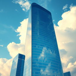 A futuristic skyscraper with a shimmering facade of blue-tinted glass, majestically standing tall against a dreamy backdrop of clouds