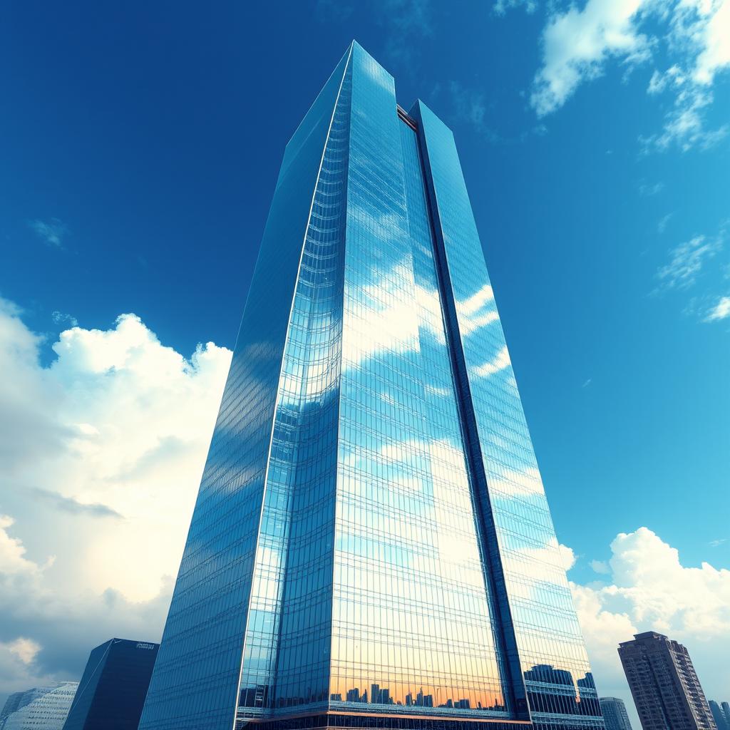 A futuristic skyscraper with a shimmering facade of blue-tinted glass, majestically standing tall against a dreamy backdrop of clouds