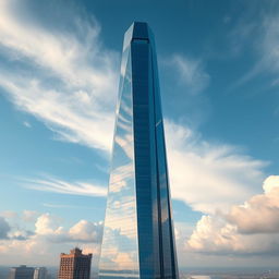 A futuristic skyscraper with a shimmering facade of blue-tinted glass, majestically standing tall against a dreamy backdrop of clouds