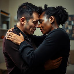 A poignant representation of an interracial couple in a deep embrace, showcasing the complexities of a trauma bond