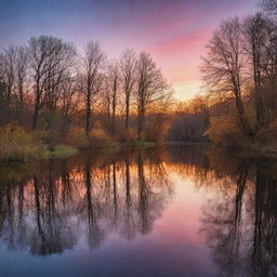 A serene landscape at sunset, showcasing a tranquil river reflecting the vivid colors of the twilight sky, silhouetted trees scattered along the riverside.