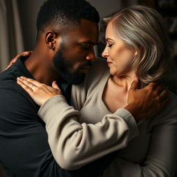 A poignant representation of a biracial man and a white woman in a deep embrace, capturing the complexities of a trauma bond in an interracial relationship