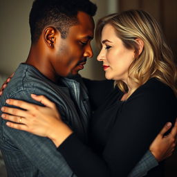 A poignant representation of a biracial man and a white woman in a deep embrace, capturing the complexities of a trauma bond in an interracial relationship