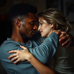 A poignant representation of a biracial man and a white woman in a deep embrace, capturing the complexities of a trauma bond in an interracial relationship