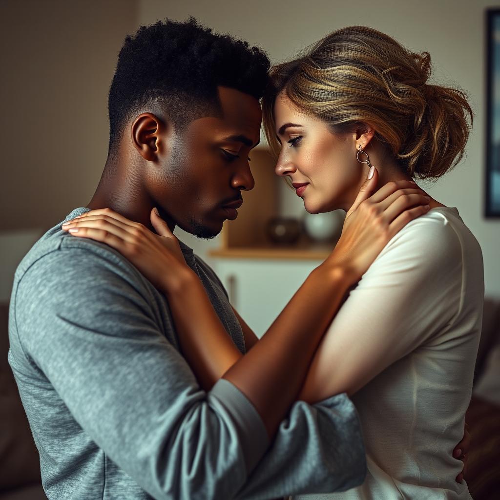 A poignant representation of a biracial man and a white woman in a deep embrace, capturing the complexities of a trauma bond in an interracial relationship