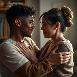 A heartfelt depiction of a young biracial man and a white woman sharing a poignant moment, capturing the complexities of a trauma bond within an interracial relationship