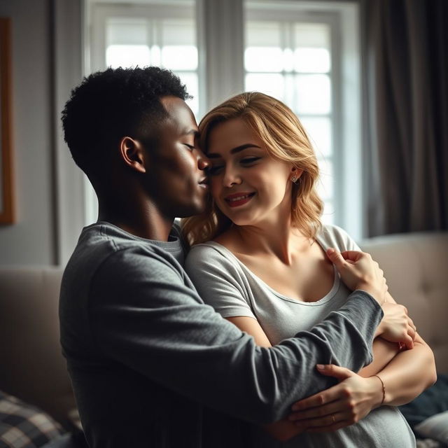 A heartfelt depiction of a young biracial man and a white woman sharing a poignant moment, capturing the complexities of a trauma bond within an interracial relationship