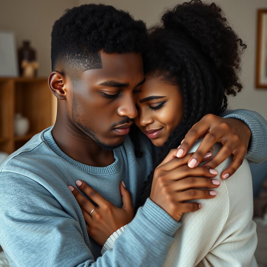 A touching scene depicting a young biracial man and a white woman in a heartfelt embrace, illustrating the complexities of a trauma bond in an interracial relationship