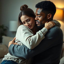 A touching scene depicting a young biracial man and a white woman in a heartfelt embrace, illustrating the complexities of a trauma bond in an interracial relationship