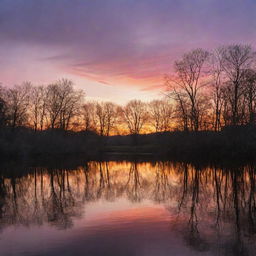 A serene landscape at sunset, showcasing a tranquil river reflecting the vivid colors of the twilight sky, silhouetted trees scattered along the riverside.