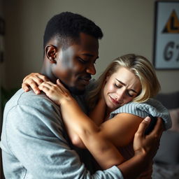 A touching scene depicting a young biracial man and a white woman in a heartfelt embrace, illustrating the complexities of a trauma bond in an interracial relationship