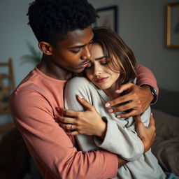 A touching scene depicting a young biracial man and a white woman in a heartfelt embrace, illustrating the complexities of a trauma bond in an interracial relationship