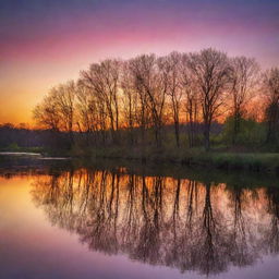 A serene landscape at sunset, showcasing a tranquil river reflecting the vivid colors of the twilight sky, silhouetted trees scattered along the riverside.