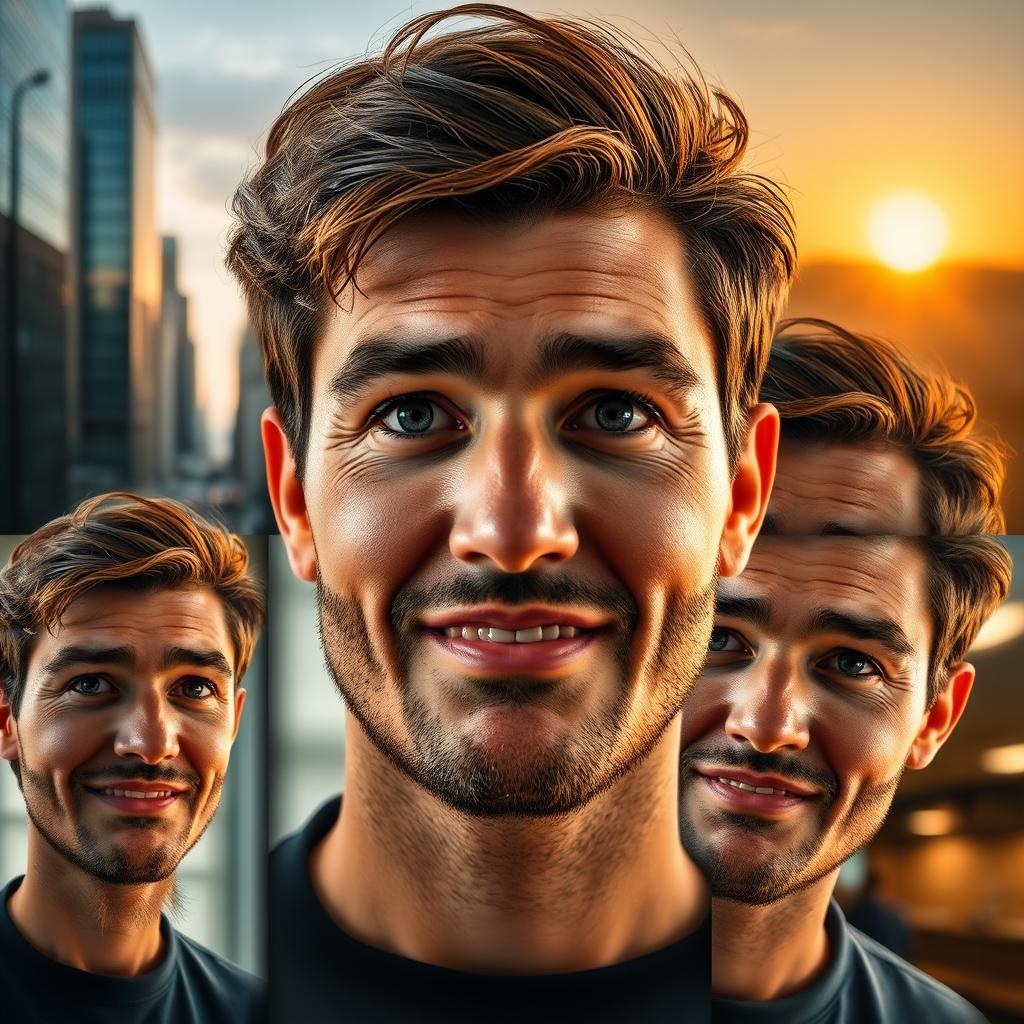 Create a series of artistic portraits featuring a generic male face with versatile expressions