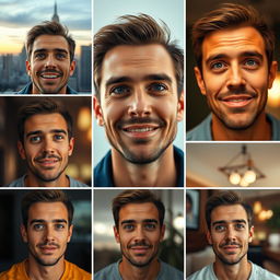 Create a series of artistic portraits featuring a generic male face with versatile expressions