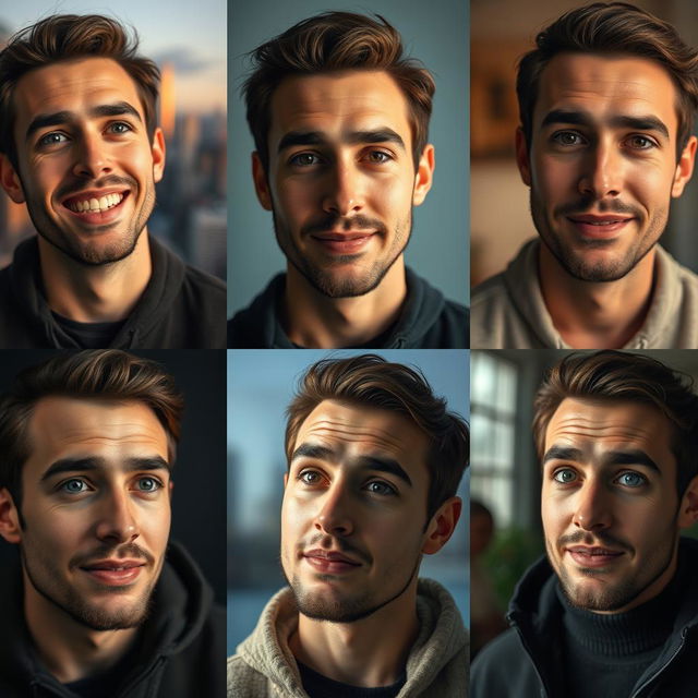 Create a series of artistic portraits featuring a generic male face with versatile expressions