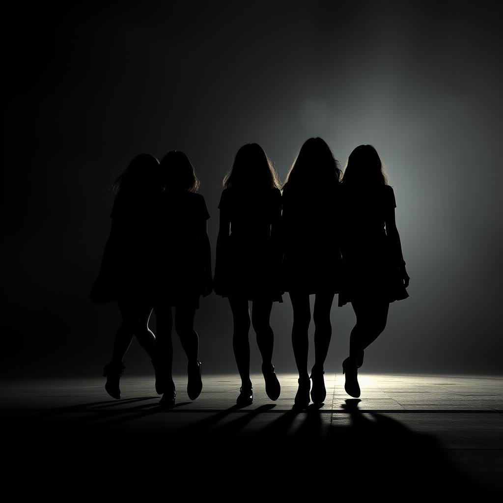 Design a creative image featuring the silhouettes of five girls walking