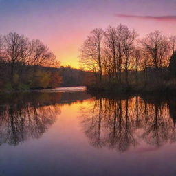 A serene landscape at sunset, showcasing a tranquil river reflecting the vivid colors of the twilight sky, silhouetted trees scattered along the riverside.