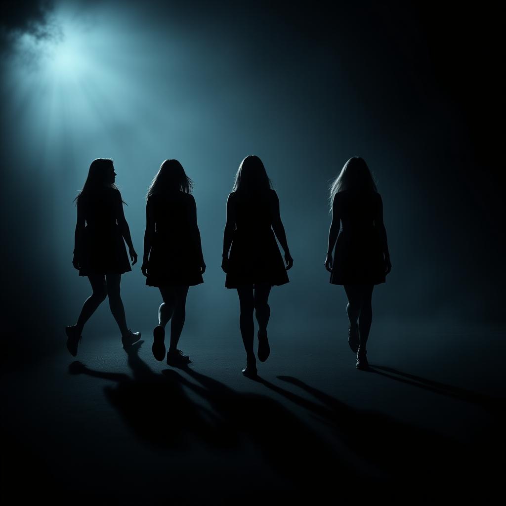 Design a creative image featuring the silhouettes of five girls walking