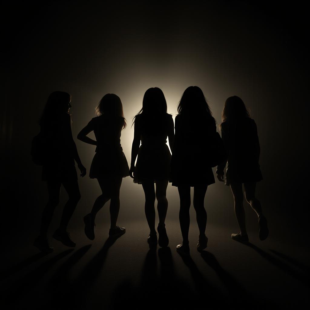 Create an image of the silhouettes of five girls walking away, their shadows creatively forming the word "VIXN"