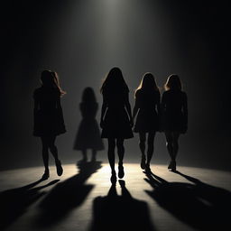 Create an image of the silhouettes of five girls walking away, their shadows creatively forming the word "VIXN"