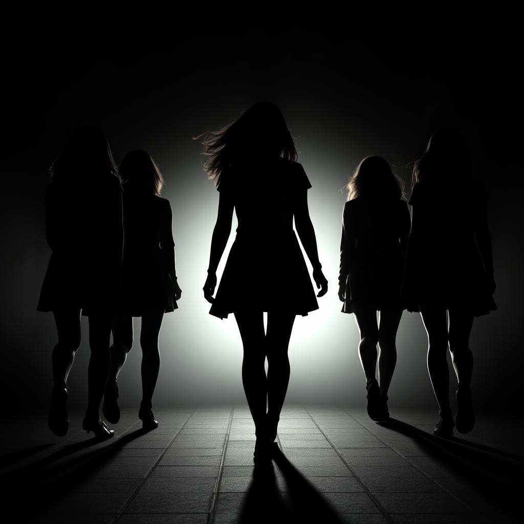 Create an image of the silhouettes of five girls walking away, their shadows creatively forming the word "VIXN"