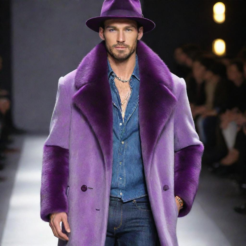 Handsome male model in slim-fit jeans, a purple vision mink coat, decked in exquisite jewelry, and sporting stylish hats, on the runway.