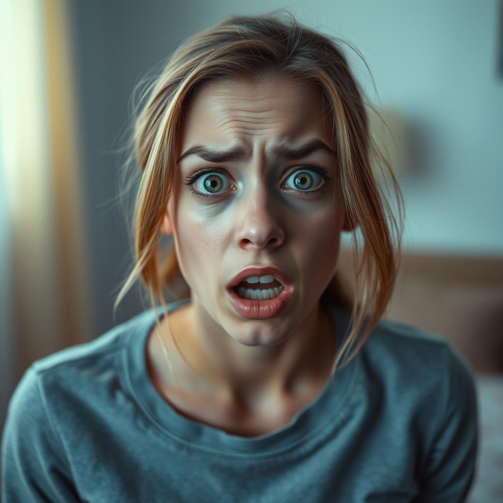 A young white woman with a frightened expression on her face, her eyes wide with fear and her posture defensive