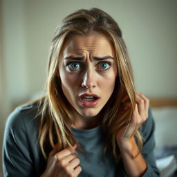 A young white woman with a frightened expression on her face, her eyes wide with fear and her posture defensive