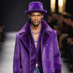 Handsome male model in slim-fit jeans, a purple vision mink coat, decked in exquisite jewelry, and sporting stylish hats, on the runway.