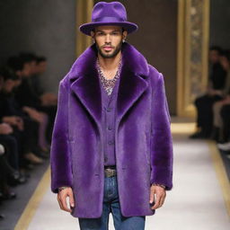 Handsome male model in slim-fit jeans, a purple vision mink coat, decked in exquisite jewelry, and sporting stylish hats, on the runway.