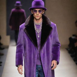 Handsome male model in slim-fit jeans, a purple vision mink coat, decked in exquisite jewelry, and sporting stylish hats, on the runway.