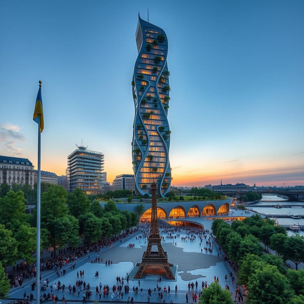 A fully visible, bionically shaped skyscraper in Paris, characterized by smooth flowing lines and zigzags, showing its complete height including the top