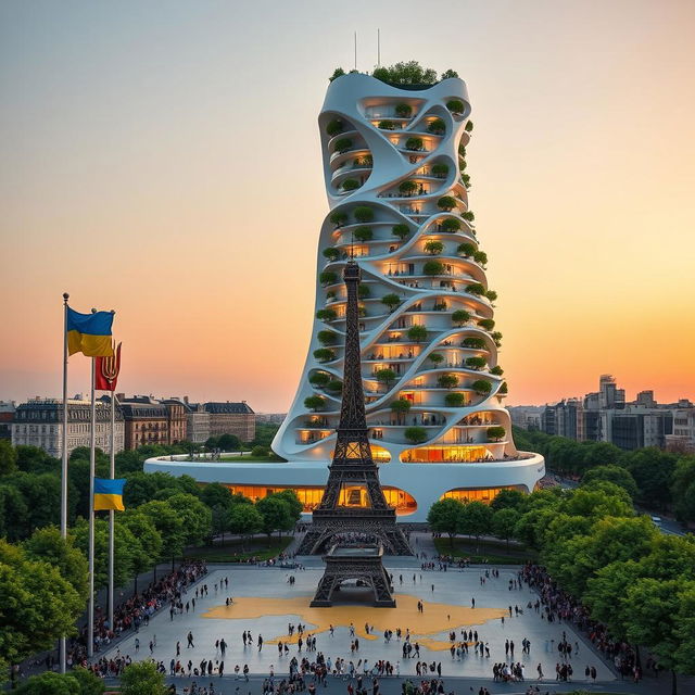 A fully visible, bionically shaped skyscraper in Paris, characterized by smooth flowing lines and zigzags, showing its complete height including the top