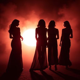 Create an image of the silhouettes of five sexy women walking away