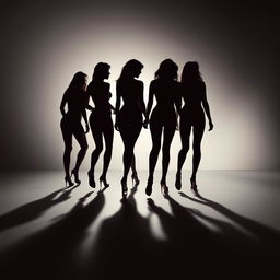 Create an image showing the silhouettes of five sexy women walking away, with their shadows cast on the floor spelling out the word "VIXN