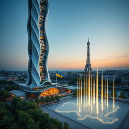 Bionic-shaped skyscraper with smooth lines and zigzags, located in Paris