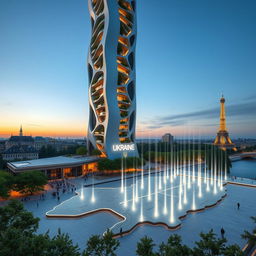 Bionic-shaped skyscraper with smooth lines and zigzags, located in Paris