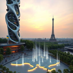 Bionic-shaped skyscraper with smooth lines and zigzags, located in Paris