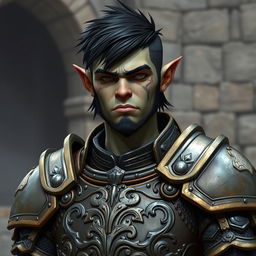 A young paladin orc with striking black hair and a small, well-groomed beard