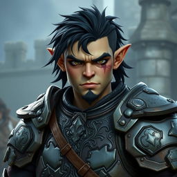 A young paladin orc with striking black hair and a small, well-groomed beard