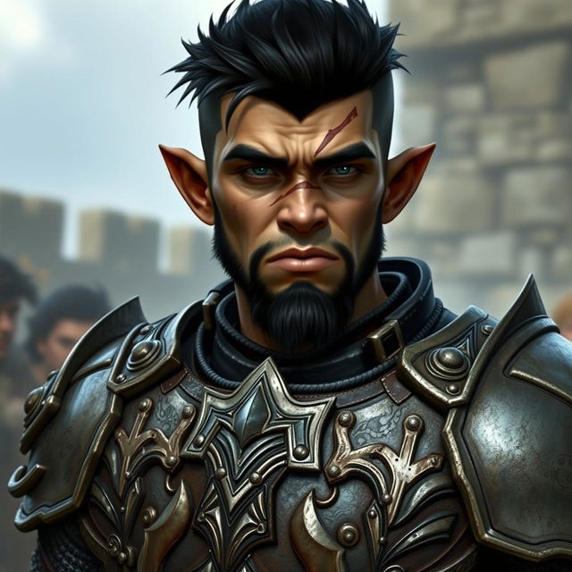 A young paladin orc with striking black hair and a small, well-groomed beard