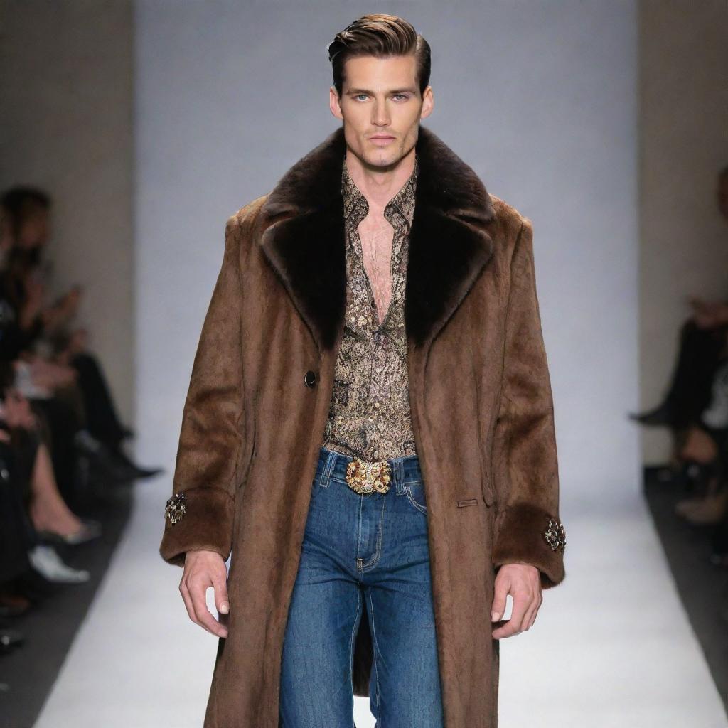 Handsome slim male model on the runway, wearing Carlos Cordova couture jeans, a vision mink coat, adorned with exquisite jewelry.