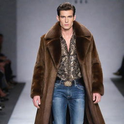 Handsome slim male model on the runway, wearing Carlos Cordova couture jeans, a vision mink coat, adorned with exquisite jewelry.