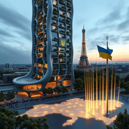 Bionic-shaped skyscraper with smooth lines and zigzags, located in Paris