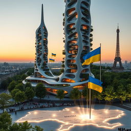 Bionic-shaped skyscraper with smooth lines and zigzags, located in Paris